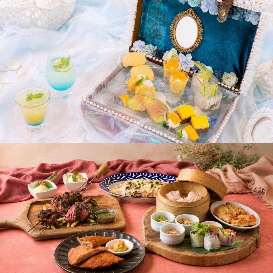 【Dinner ☆ Afternoon】 “Mermaid Princess” Afternoon Tea with sweets! 8 dishes served on 5 plates, including “Grilled Beef Harami & Chicken Thigh Shashlik with Cheese Risotto”.