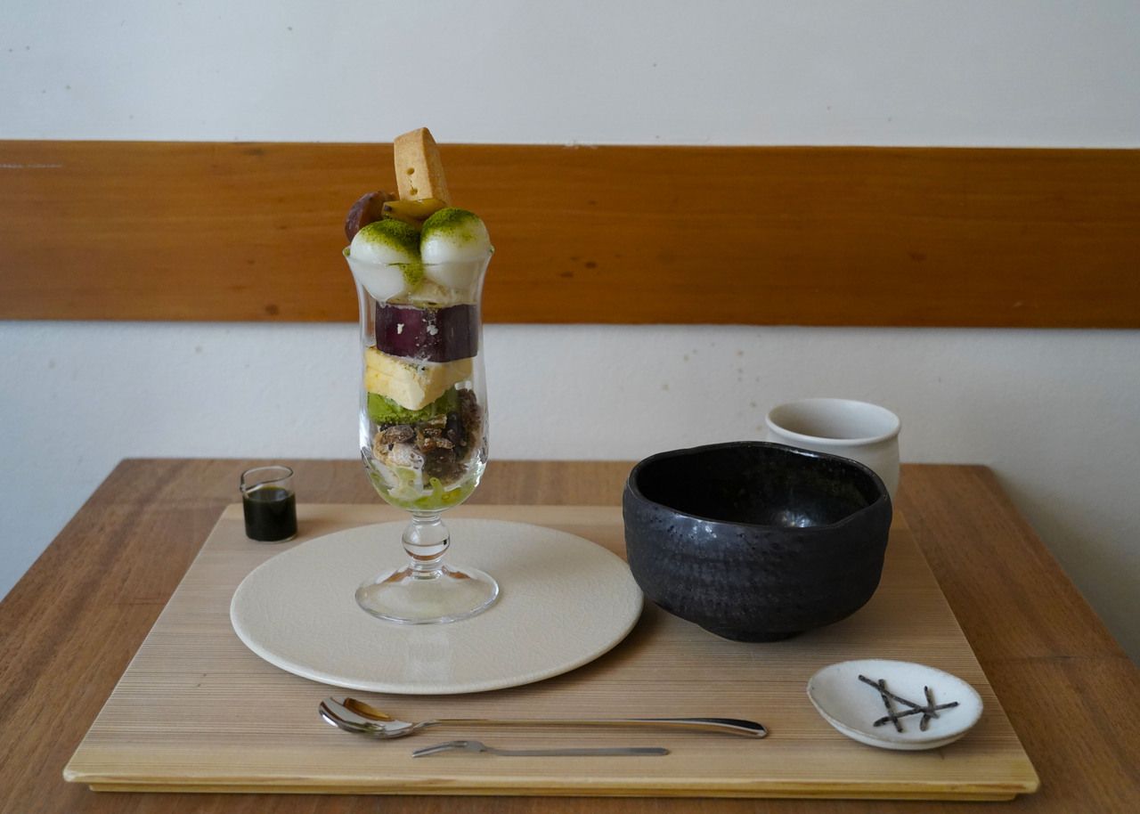 Matcha Shiratama Sweet Potato Parfait with Japanese Chestnuts, served with Matcha, Salted Kelp, and Kaga Bōcha (roasted tea)
