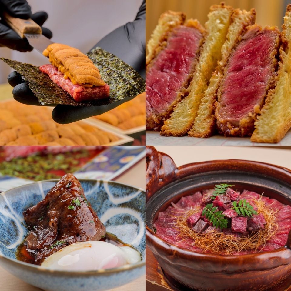 Summer's [Ebisu Ushimitsu Premium Course] includes "Wagyu Beef and Sea Urchin Yukhoe Dog - Finished Right Before Your Eyes," "Selected Fillet Beef Spicy Brioche Cutlet Sandwich," and "Selected Wagyu Beef Fillet and Sirloin Clay Pot Rice - Hitsumabushi."