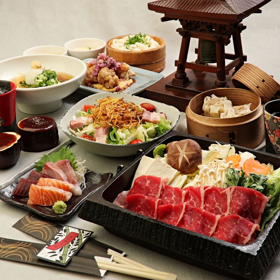 【お食事コース】国産黒毛和牛すき焼き、薬味たっぷり揚げ出し豆富など　全9品