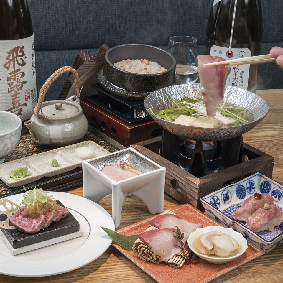 [Yellowtail Shabu-Shabu Lunch] "Yellowtail and Hokkaido Scallop Golden Stock Shabu-Shabu Small Pot" "Japanese Black Beef Sushi & Domestic Beef "Kurashita" Stone-Grilled Steak" "Snow Crab Hitsumabushi" Weekday Special Price 2,600 yen