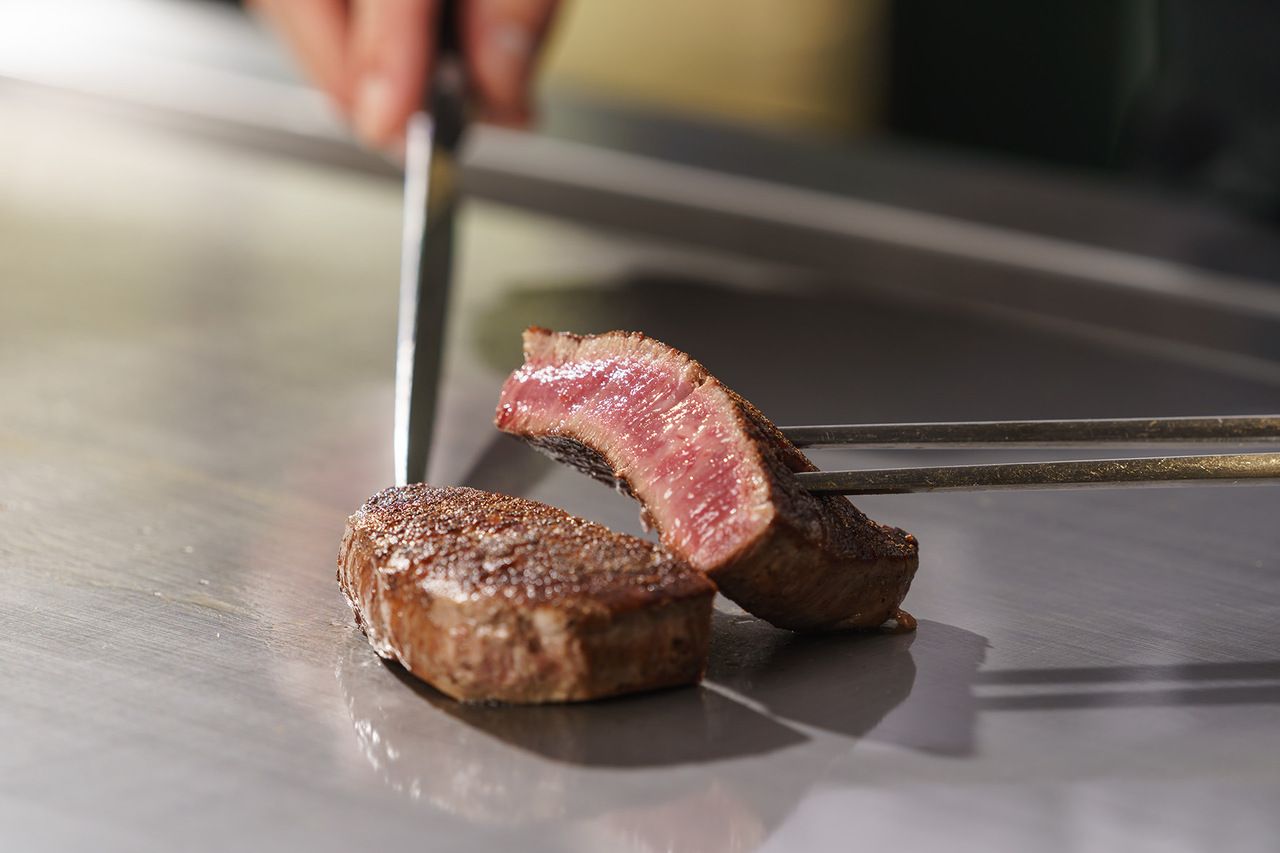 Salad appetizer and tenderloin steak (imported beef) course