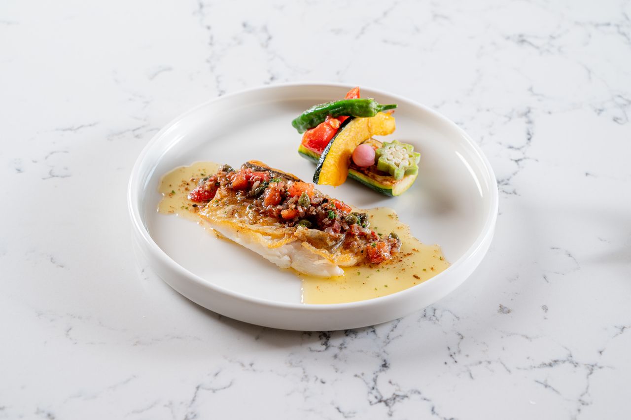 Fresh fish from Suruga Bay served with seasonal vegetables from Iwata, beurre blanc sauce