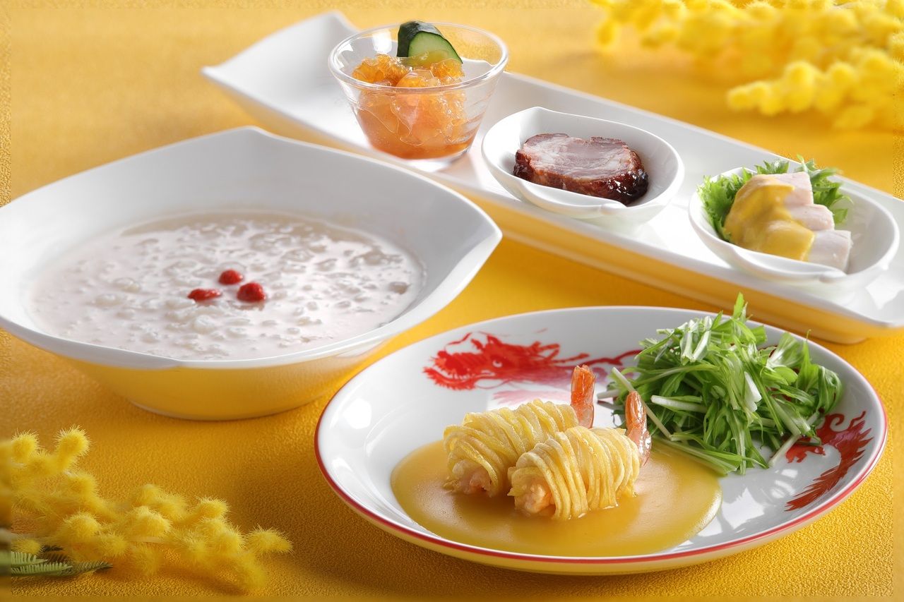 ＜ミモザランチ＞前菜、牛肉炒め、中国粥＋デザート2種など全8品＋スパークリングワイン含むワンドリンク（3/1～3/31）