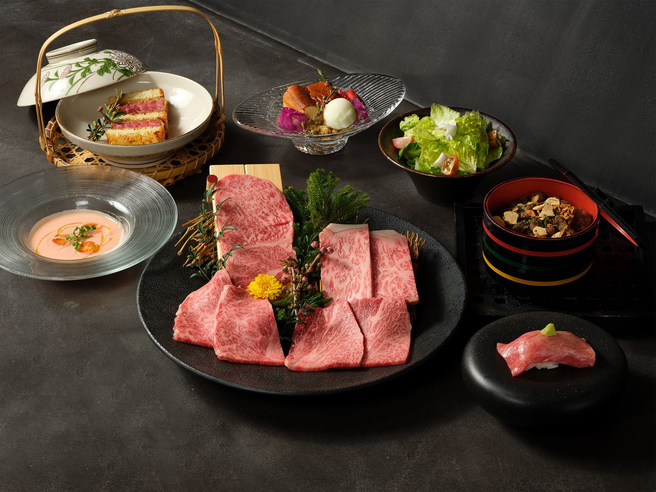 The Matsunaga Wagyu Hisanari Course includes popular items such as katsu sandwiches and seared sushi, as well as Matsunaga Wagyu beef and ramen.