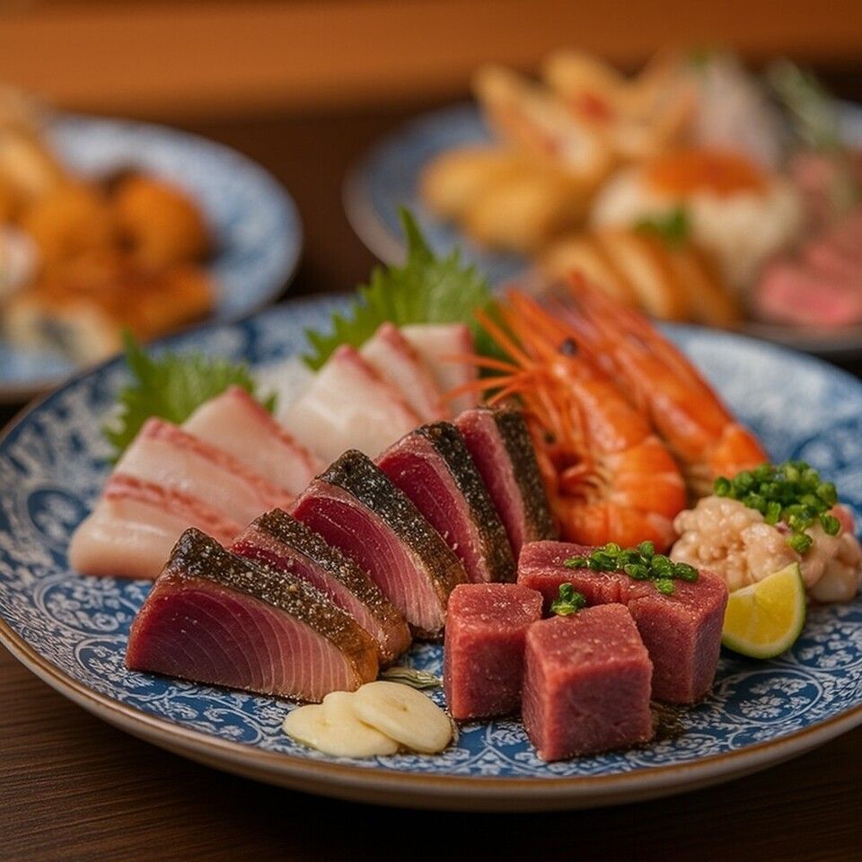 【皿鉢（さわち）コース】最高峰の贅沢！藁焼き中トロ・赤えび・白子・国産牛など 豪華全15品【時間飲み放題付】7,000円