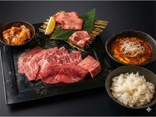 Almuerzo de yakiniku de carne negra japonesa y despojos especialmente seleccionados