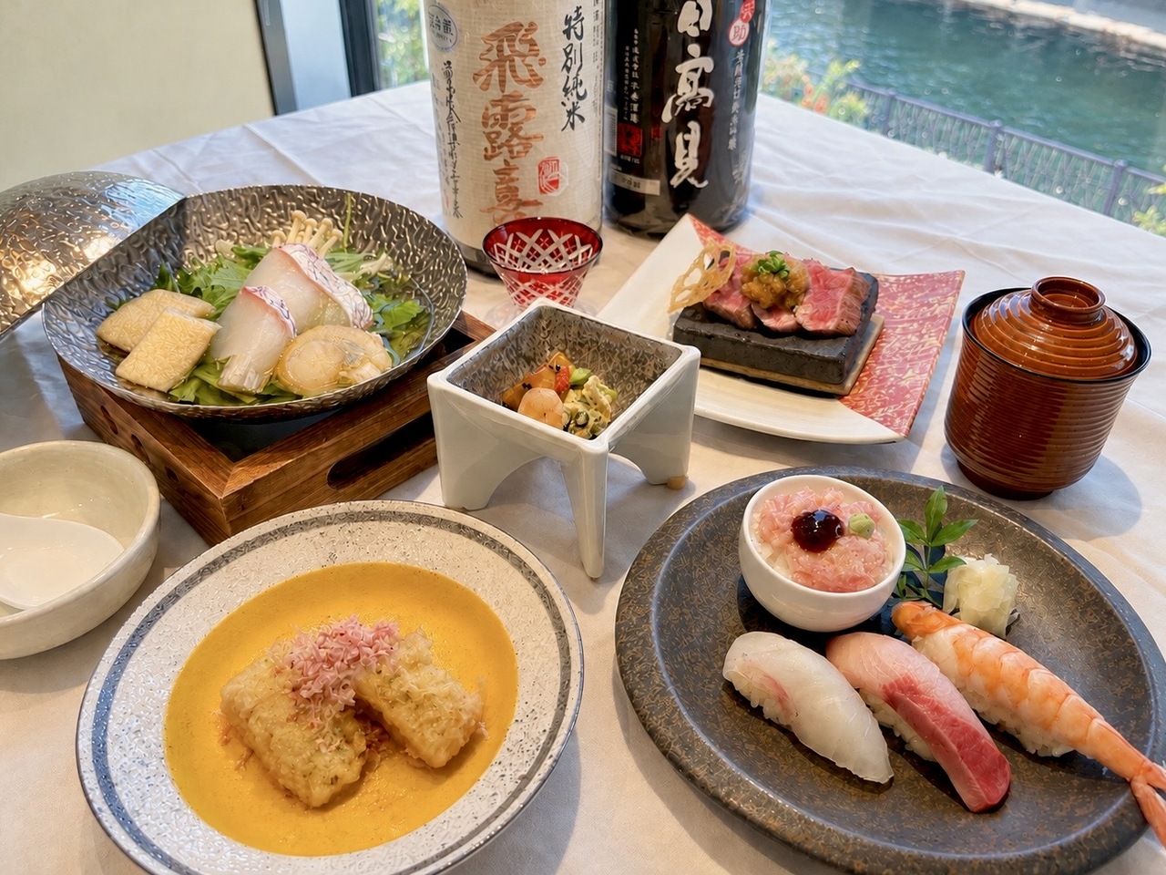 1st Anniversary Celebration! [Gourmet Lunch] "Seasonal Fish Golden Broth Mini Hot Pot with Toro-Taku Mini Rice Bowl & Edomae Sushi" "Our Specialty! Deep-Fried Radish & Domestic Beef Stone-Grilled Steak" Weekends & Holidays 3,400 yen