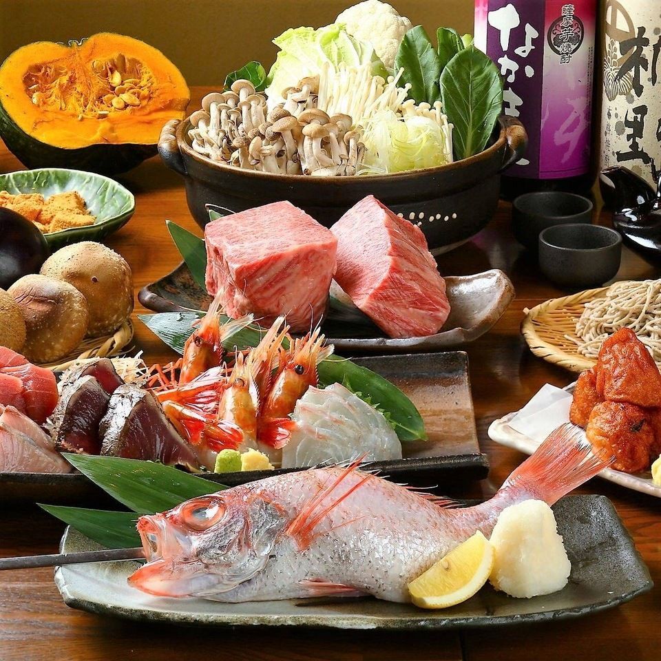 【2時間飲み放題】薩摩黒毛和牛サーロイン炭火焼きとのどぐろ原始焼コース  9,000円 